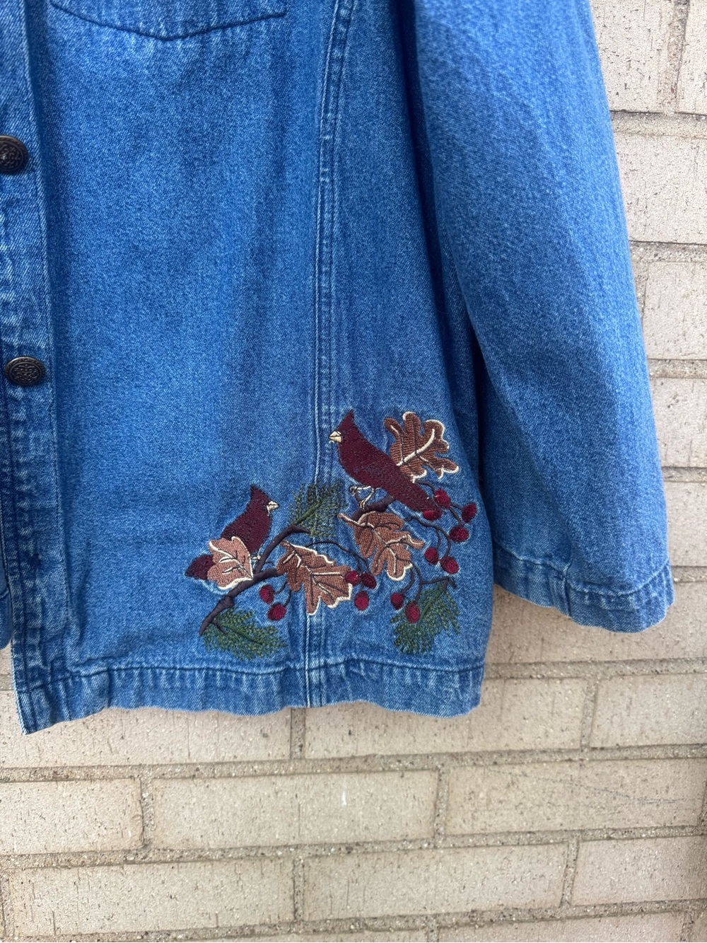 Vintage Blue Denim Shacket Jacket Fall Floral Embroidery Cotton 2X - Picture 2 of 7